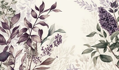  a painting of flowers and leaves on a white background with a white background and a white background with purple flowers and leaves on a white background.  generative ai