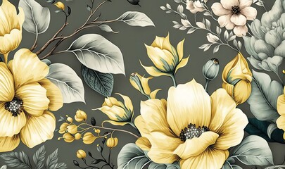  a yellow and gray floral wallpaper with leaves and flowers on a gray background with yellow and white flowers on a dark gray background with green leaves.  generative ai