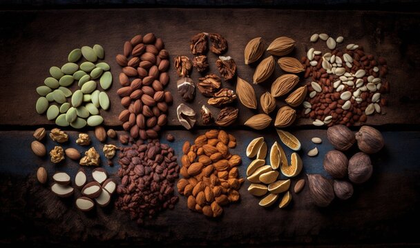  a variety of nuts are arranged in a row on a wooden surface, including almonds, pistachios, almonds, and almonds.  generative ai