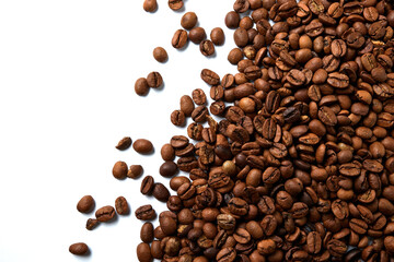 Coffee beans isolated on white background with a copy space on the left