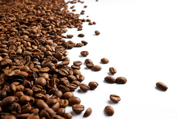 Coffee beans isolated on white background with a copy space on the right