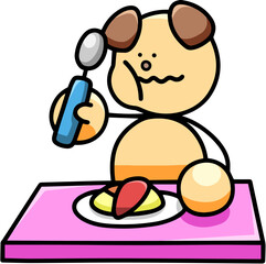 オムライスを食べるわんまるのイラスト　犬