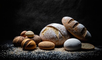  a bunch of breads and pastries on a black surface with a black background and a black background with a black background and a black backdrop.  generative ai