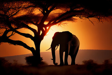 Naklejka na ściany i meble Silhouette of a majestically elephant in the savanna against the backdrop of the setting sun. AI generated