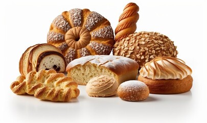  a variety of breads and pastries on a white background with a white background and a white background with a white background and a white background with a white border.  generative ai