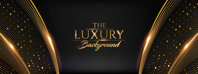 Golden Black Side Curve Lines Dotted Award Background. Traditional Style Sparkle Glowing Effect. Wedding Jubilee Night Decorative Invitation. Luxury Entertainment Hollywood Bollywood Template Design. 