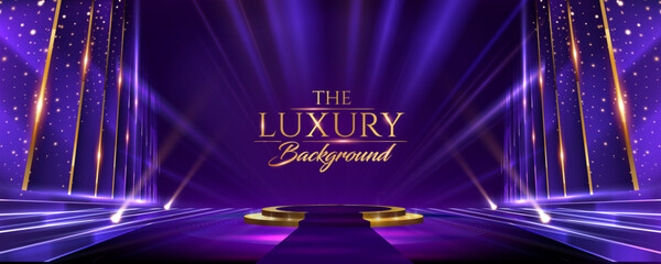 Golden Blue Purple Award Background. Jubilee Night Decorative Invitation. Trophy on Stage platform with spotlight. Wedding Entertainment Hollywood Bollywood Night. Elegant Luxury Steps Floor.