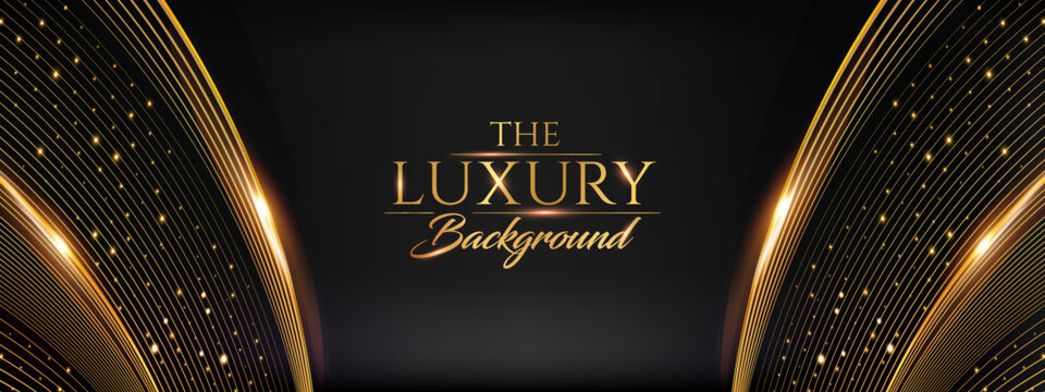 Golden Black Side Curve Lines Dotted Award Background. Traditional Style Sparkle Glowing Effect. Wedding Jubilee Night Decorative Invitation. Luxury Entertainment Hollywood Bollywood Template Design. 