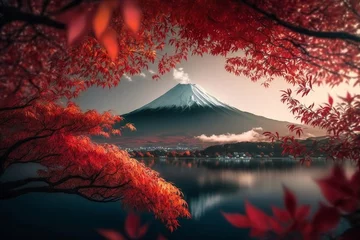 Papier Peint photo autocollant Bordeaux View of Mount Fuji in Autumn Fall Japan Photo Wallpaper Generative AI