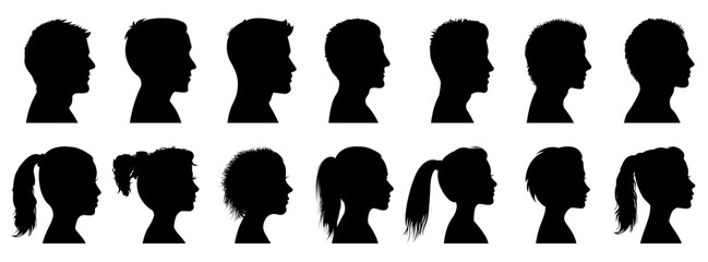 Group young people. Profile silhouette faces boys and girls set, man and woman – vector