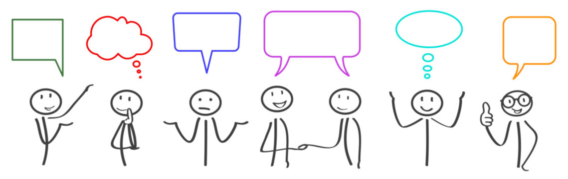 Business meeting, stick figures, corporate, communication, bubbles for text, bubbles with thoughts - vector
