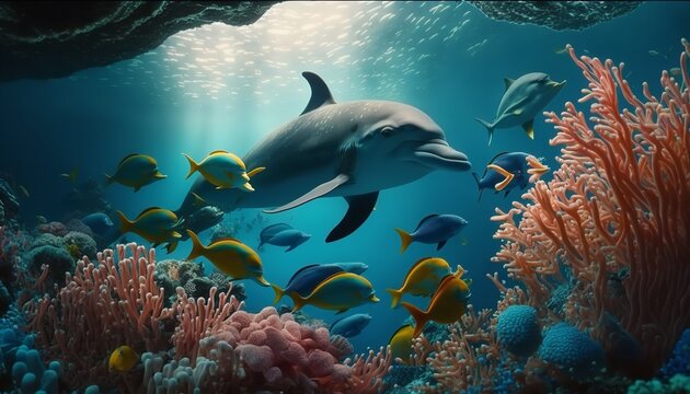 Dolphins and a reef undersea environment. electronic collage images as wallpaper.