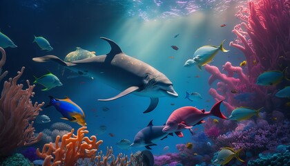 Dolphins and a reef undersea environment. electronic collage images as wallpaper.
