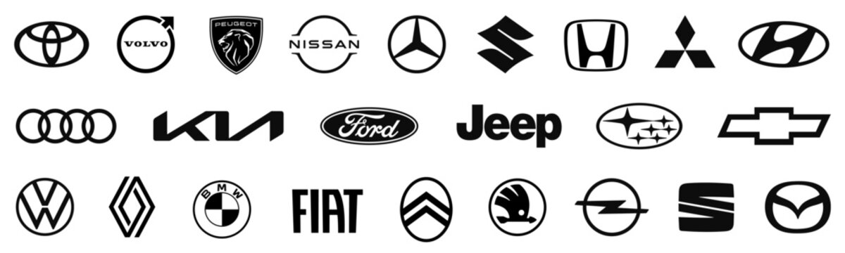 Kiev, Ukraine - March 05, 2023: Set logo of popular brands of cars and motorbikes, collection of car emblems. Top automotive industry leaders. Black automobile emblems sign. Logo of cars brand.