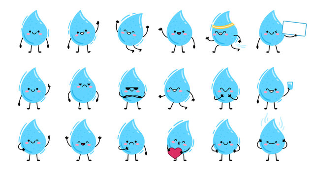Big Set cute cartoon characters blue water drops. Vector illustration isolated on white background. Mascot