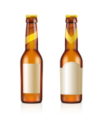 3d realistic vector icon. Set of brown transparent beer bottles with blank label. isolated on white background.