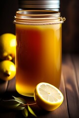Lemon with honey on wooden background