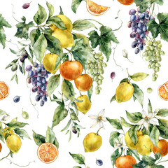 Watercolor tropical seamless pattern of ripe lemons, flowers, oranges, grapes and leaves. Hand painted branch of fruits isolated on white background. Food illustration for design, print, background.