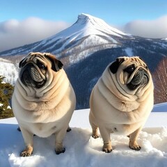 Two pugs sitting in the snow with a snow capped mountain in the background
