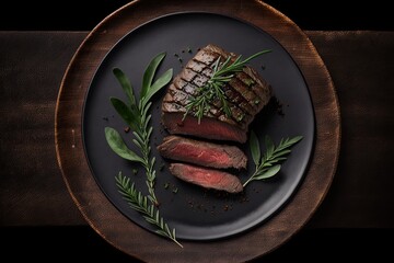 steak with rosemary on a teak wood plate 
