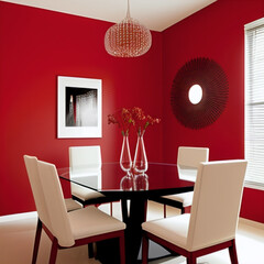 Modern dining room interior design with red wall