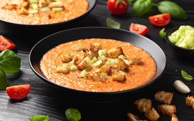 Traditional spanish Gazpacho soup with tomatoes, vegetables and croutons. Healthy summer food