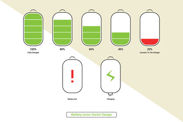 Battery Icons Set charging level high to low steps vector design.
