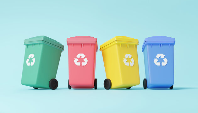 3D classification garbage with four bin trash green, red, yellow, blue, recycle symbol open various lid environmental conservation concept. waste sorting. 3d render. illustration cartoon minimal style