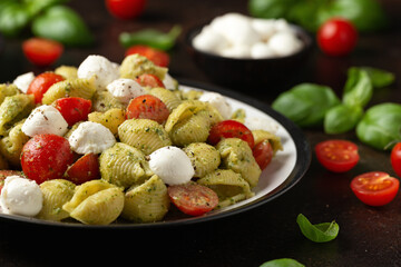 Pesto Pasta Salad with Cherry Tomatoes and Mozzarella cheese. Healthy food.