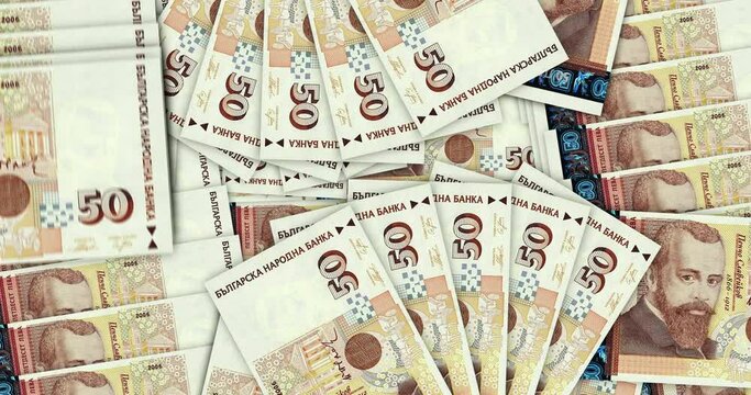 Bulgaria leva banknotes in a cash fan mosaic pattern loop. Bulgarian BGN 50 notes. Abstract concept of bank, finance, economy seamless and looped decorative design background.