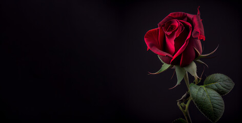 a red rose still in bud black background generative ai