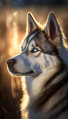Portrait of a beautiful siberian husky with blue eyes. Beautiful pet and family photos, wallpaper, poster created with help of generative ai.