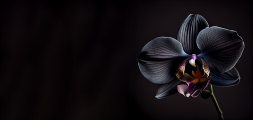 Dark purple orchid flower in black background generative ai - obrazy, fototapety, plakaty