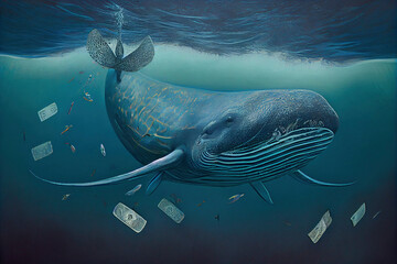 A big whale swims underwater among the money. Generative AI. - 577990536