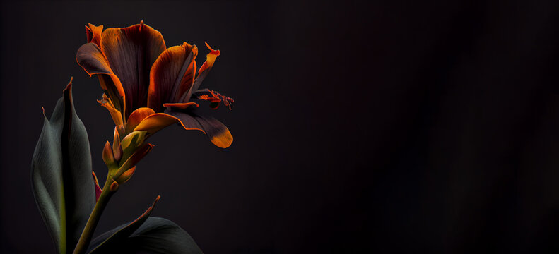 Dark orange canna flower in black background generative ai