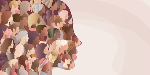 Woman face silhouette in profile with group of multicultural and multiethnic women faces inside.Racial equality anti-racism concept. Woman who gives voice to other group women.Inclusive