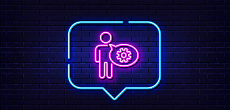 Neon light speech bubble. Cogwheel line icon. Engineering tool sign. Man talk symbol. Neon light background. Cogwheel glow line. Brick wall banner. Vector