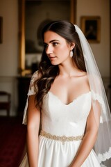 Fototapeta premium AI A portrait of a radiant 25-year-old bride beaming with joy in her elegant wedding dress. Captivating and radiant, this 25-year-old bride exudes happiness and beauty in her stunning wedding gown, 