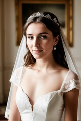 Fototapeta premium AI A portrait of a radiant 25-year-old bride beaming with joy in her elegant wedding dress. Captivating and radiant, this 25-year-old bride exudes happiness and beauty in her stunning wedding gown, 