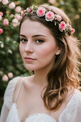 Naklejka premium AI A portrait of a radiant 25-year-old bride beaming with joy in her elegant wedding dress. Captivating and radiant, this 25-year-old bride exudes happiness and beauty in her stunning wedding gown, 
