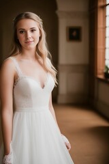 Naklejka premium AI A portrait of a radiant 25-year-old bride beaming with joy in her elegant wedding dress. Captivating and radiant, this 25-year-old bride exudes happiness and beauty in her stunning wedding gown, 