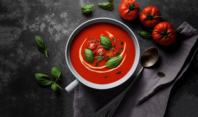  a bowl of tomato soup with basil and tomatoes on a table next to a spoon and a napkin with a spoon on it and a napkin.  generative ai