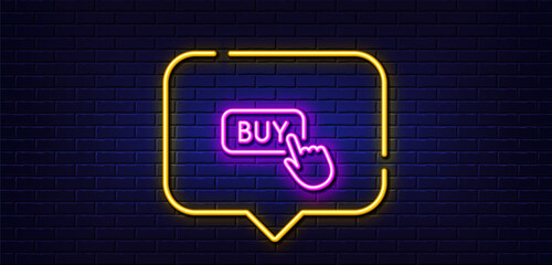 Neon light speech bubble. Click to Buy line icon. Online Shopping sign. E-commerce processing symbol. Neon light background. Buy button glow line. Brick wall banner. Vector