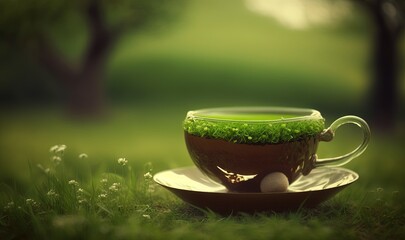 Obraz na płótnie Canvas a cup with a green substance in it sitting on a saucer in the middle of a grassy area with a golf ball in it. generative ai