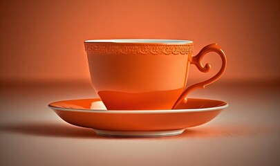 Naklejka na ściany i meble an orange cup and saucer sitting on a table with an orange background and a brown wall in the background with a white border around the cup and saucer and saucer. generative ai