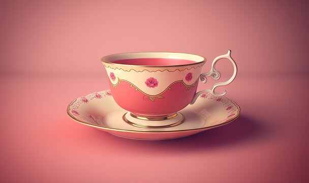 a pink tea cup and saucer on a saucer on a pink background with a shadow of the cup and saucer on the saucer.  generative ai
