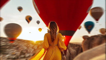 Amazing view Cappadocia woman in yellow dress standing and looking to hot air balloons. Concept travel Turkey. Generation AI