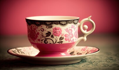  a pink and black cup and saucer sitting on a saucer on a table with a pink wall in the backgrouund.  generative ai