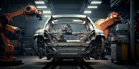 Banner Modern manufacture car factory, conveyor line with Automated robot arm with sunlight. Concept innovation Industry engineer. Generation AI.