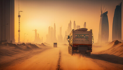 Natural disaster cataclysm sandstorm, lack of visibility in modern city. Roads are filled with sand. Generation AI